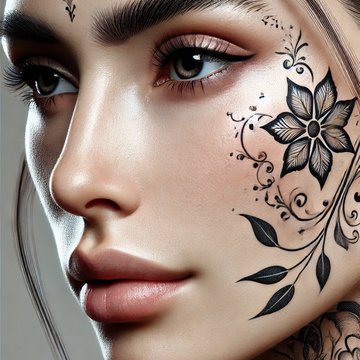 DALL·E 2024-07-16 20.31.24 - A realistic close-up illustration of a woman with a delicate and artistic face tattoo. The tattoo design includes elegant floral patterns and intricat